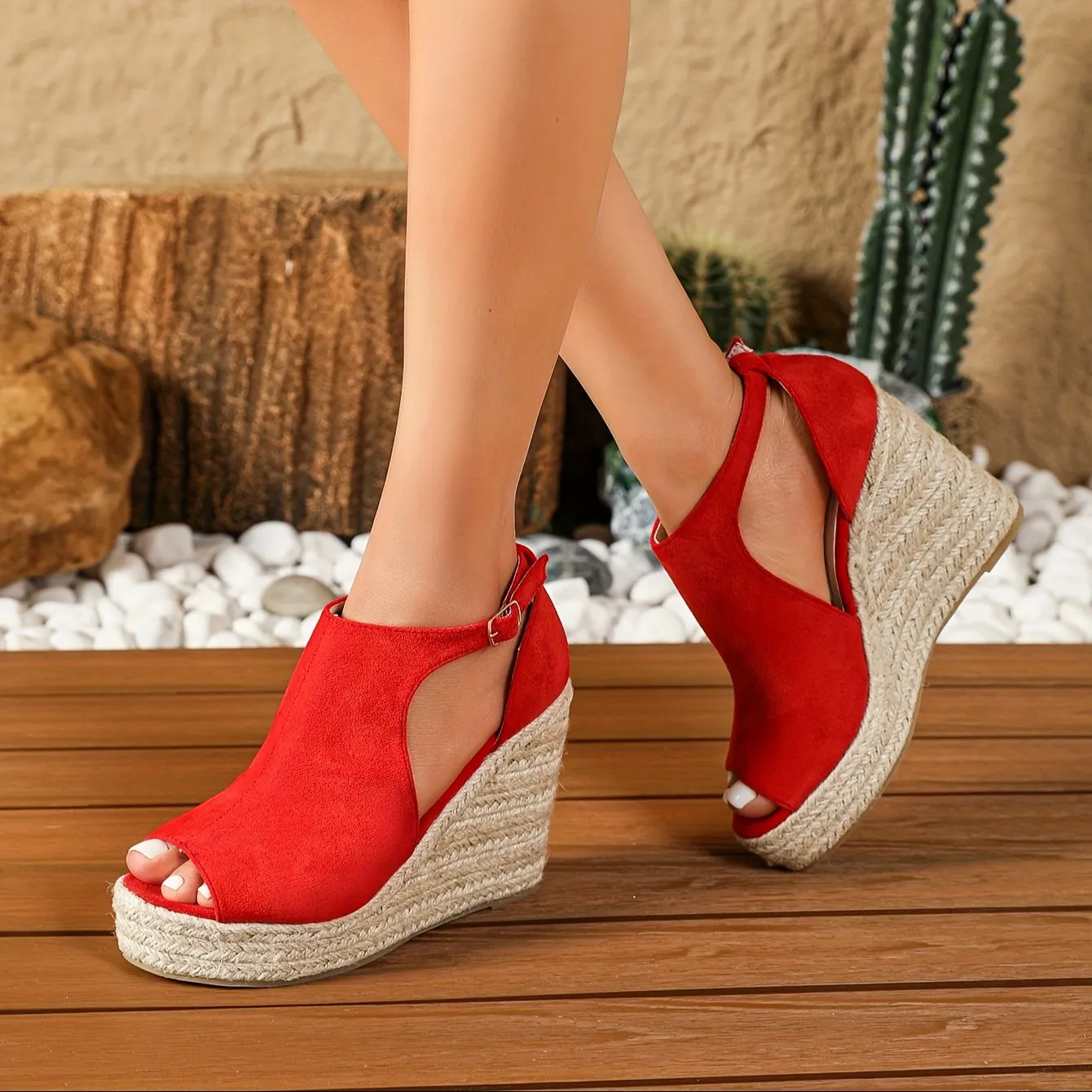 Amozae-Chic Espadrille Wedge Sandals - Stylish Peep Toe with Cut-out Detail, Adjustable Buckle Strap, Stiletto Heels, and Comfortable Platform - Perfect Trendy Footwear for Your Summer Holiday