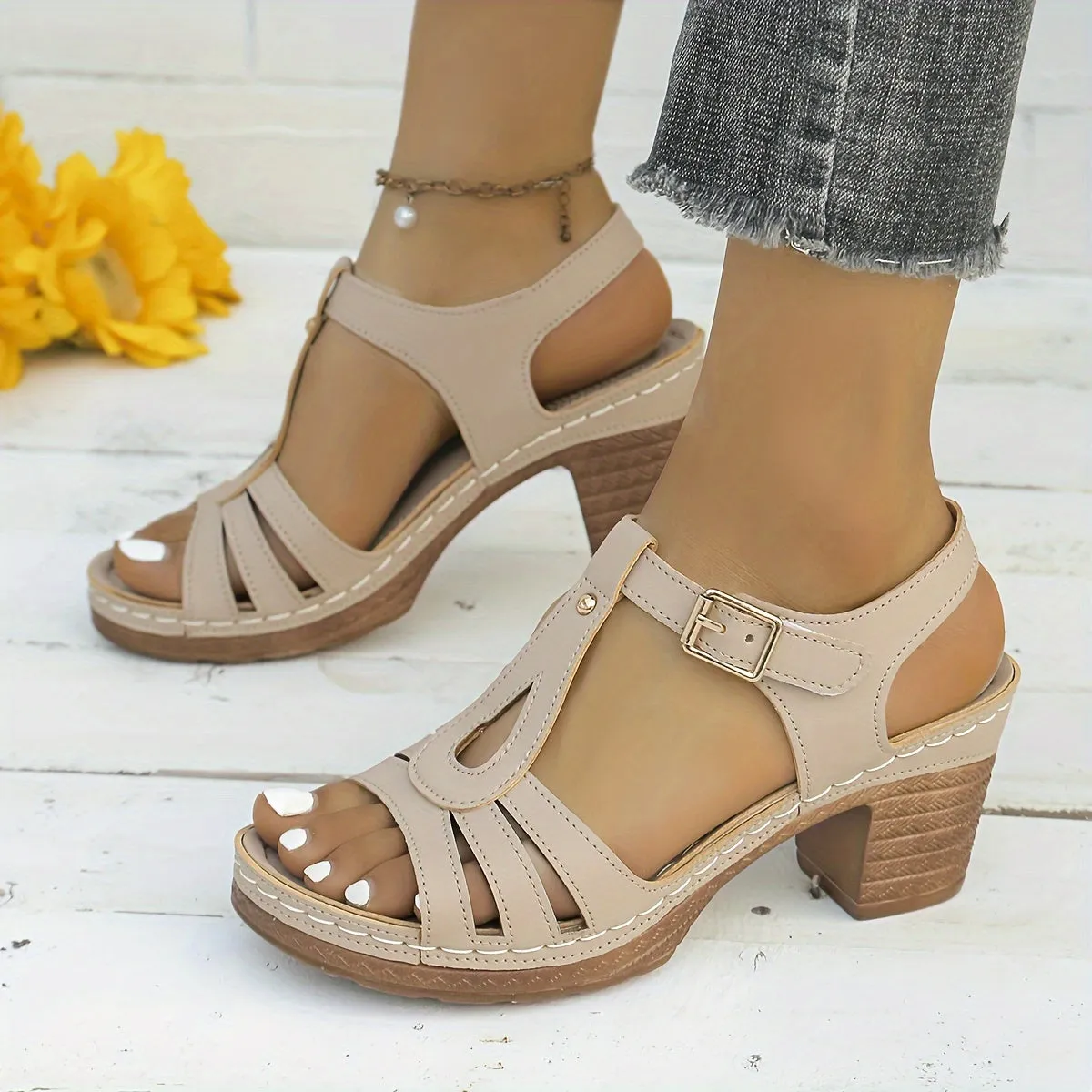 Amozae-Chic Womens Solid Color Sandals - T-Strap High Heels for Summer - Comfortable Non-Slip Chunky Heels, Perfect for Casual Everyday Style