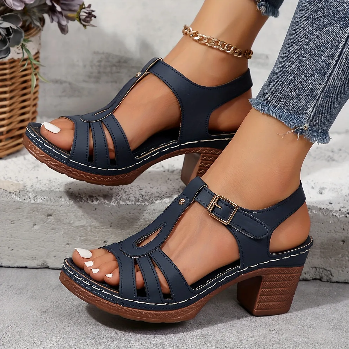 Amozae-Chic Womens Solid Color Sandals - T-Strap High Heels for Summer - Comfortable Non-Slip Chunky Heels, Perfect for Casual Everyday Style