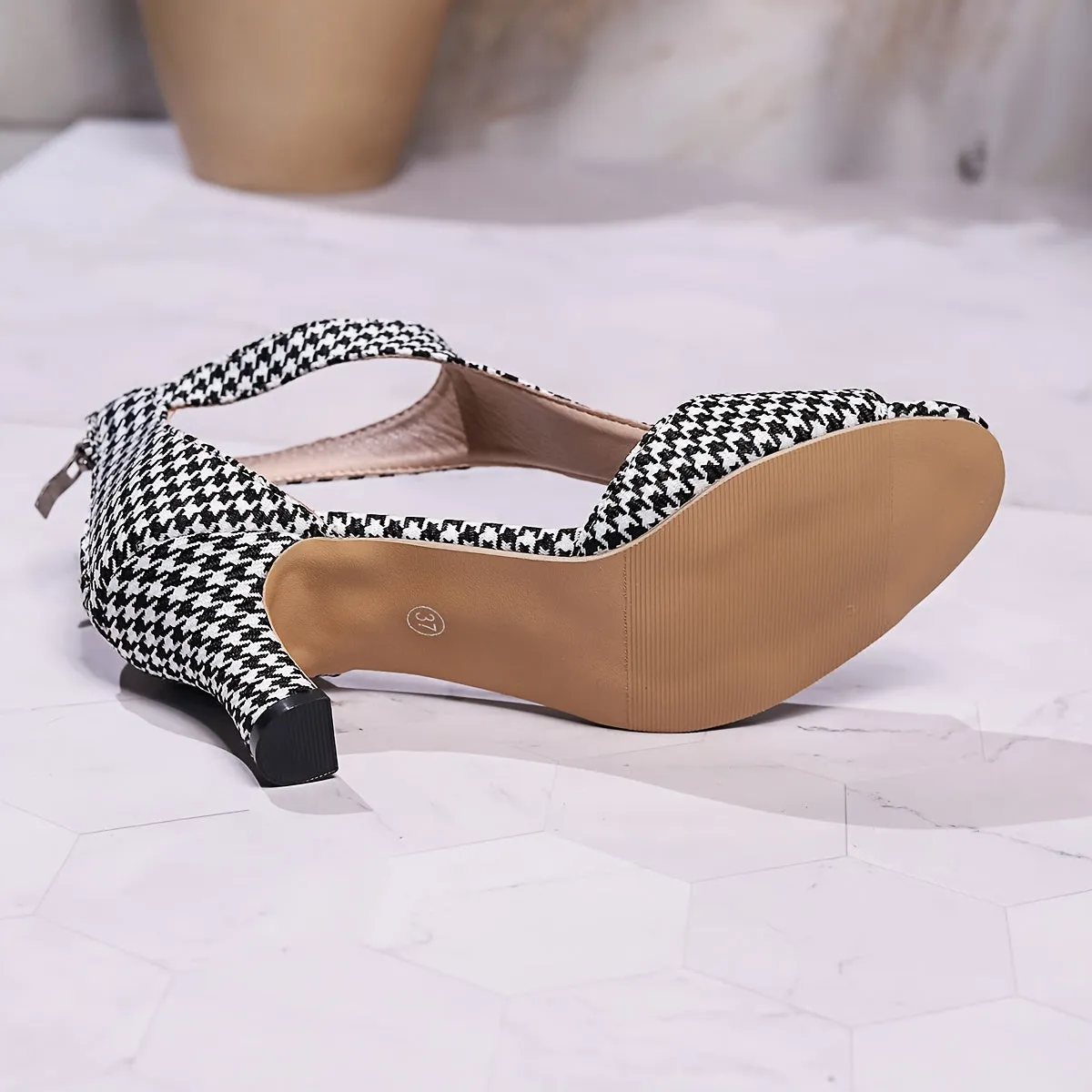 Amozae-Women's Houndstooth Pattern High Heel Sandals, Fashion Open Toe Dress Pumps, Stylish Cutout Design Back Zipper Heels