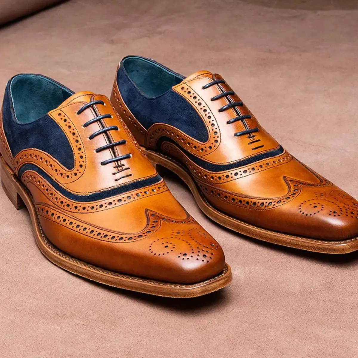 BARKER McClean Shoes - Mens Brogue - Cedar Calf & Blue Suede