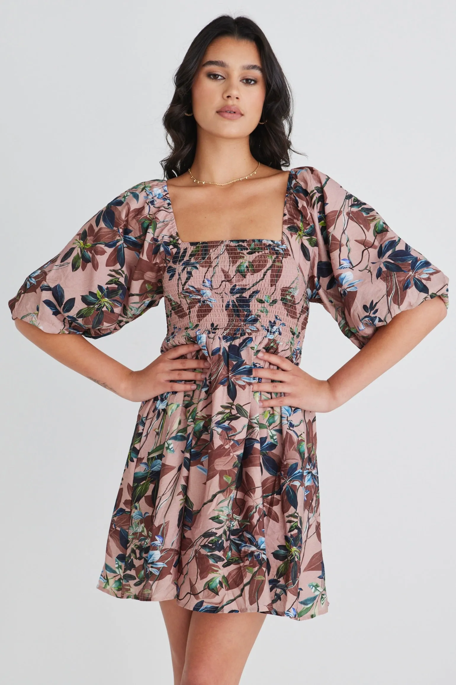 Bea Blush Paradise LS Rouched Empire Bodice Mini Dress