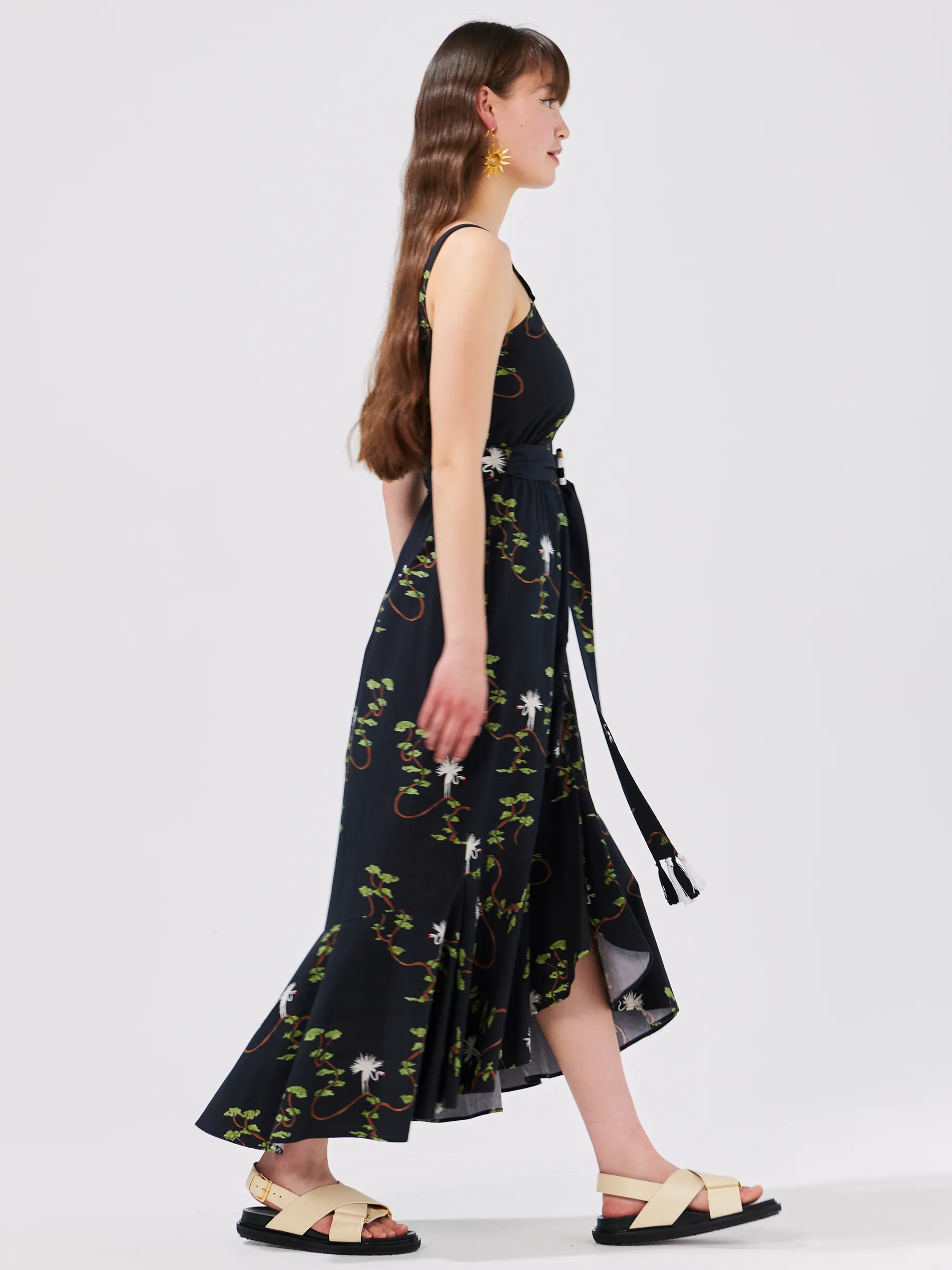 Birds Of Utopia Embroidered Tiered Cotton Midi Sundress Black