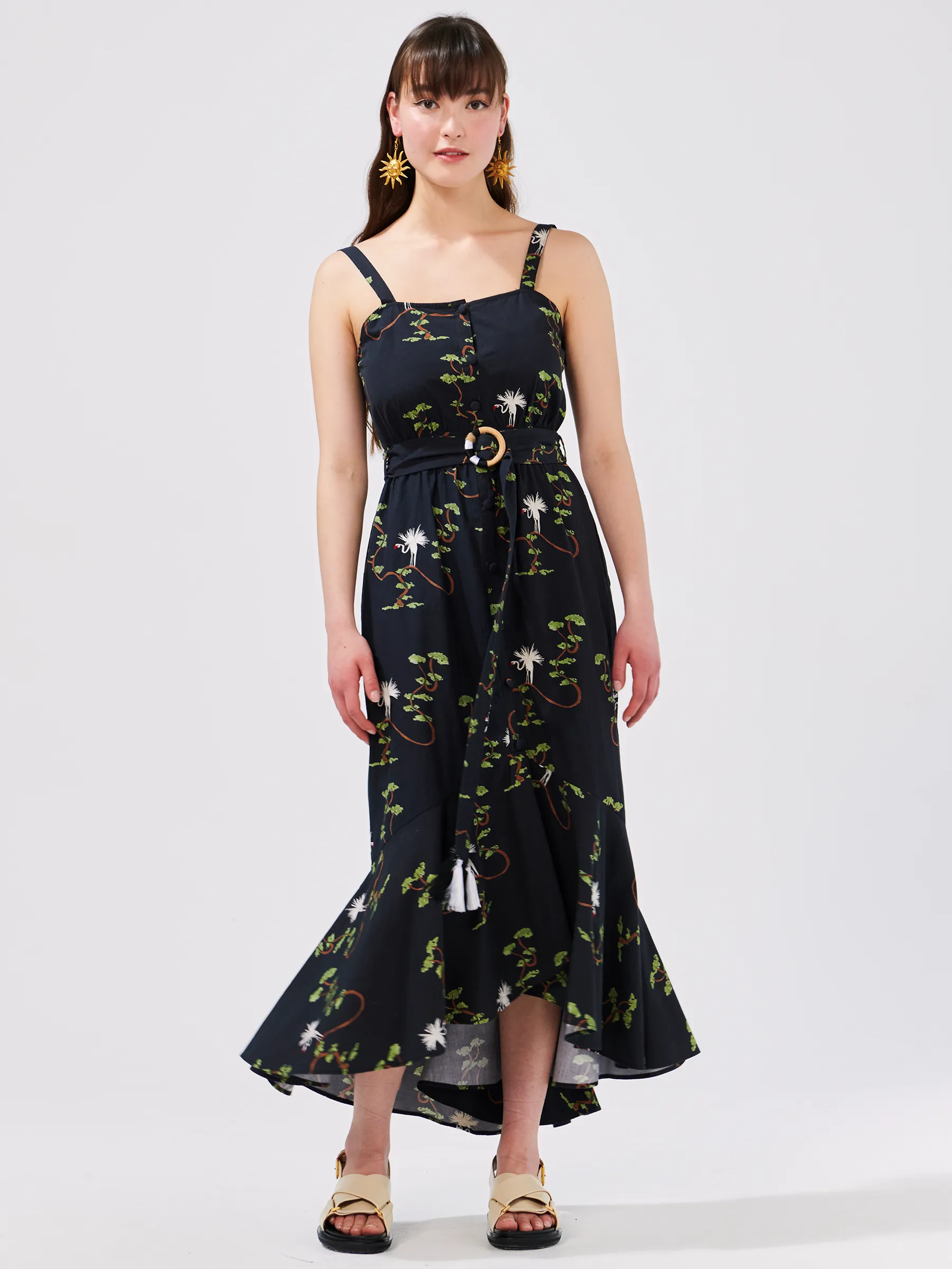 Birds Of Utopia Embroidered Tiered Cotton Midi Sundress Black