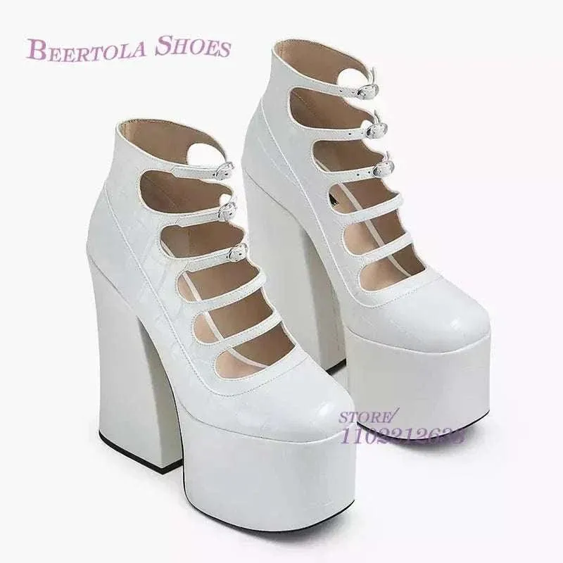 Block Heels - Stone Pattern Heels with Belt & Buckle - Platform Heels