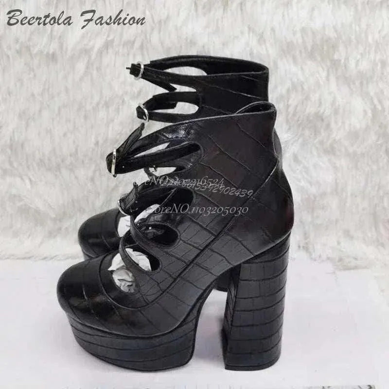 Block Heels - Stone Pattern Heels with Belt & Buckle - Platform Heels