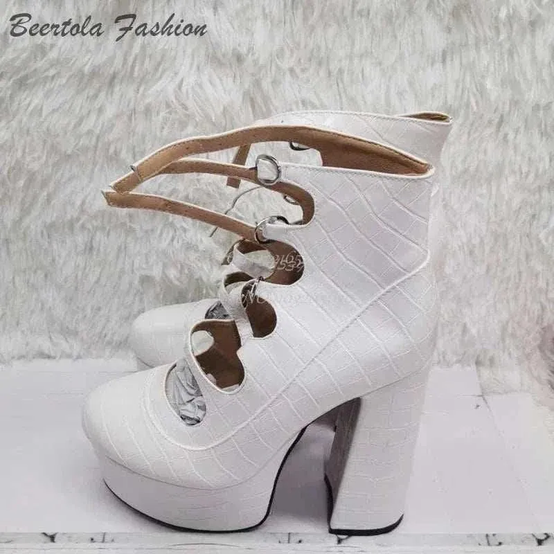 Block Heels - Stone Pattern Heels with Belt & Buckle - Platform Heels