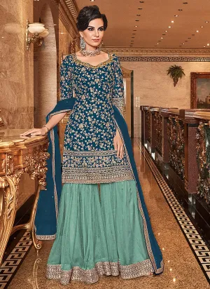 Blue And Turquoise Embroidered Gharara Palazzo Suit