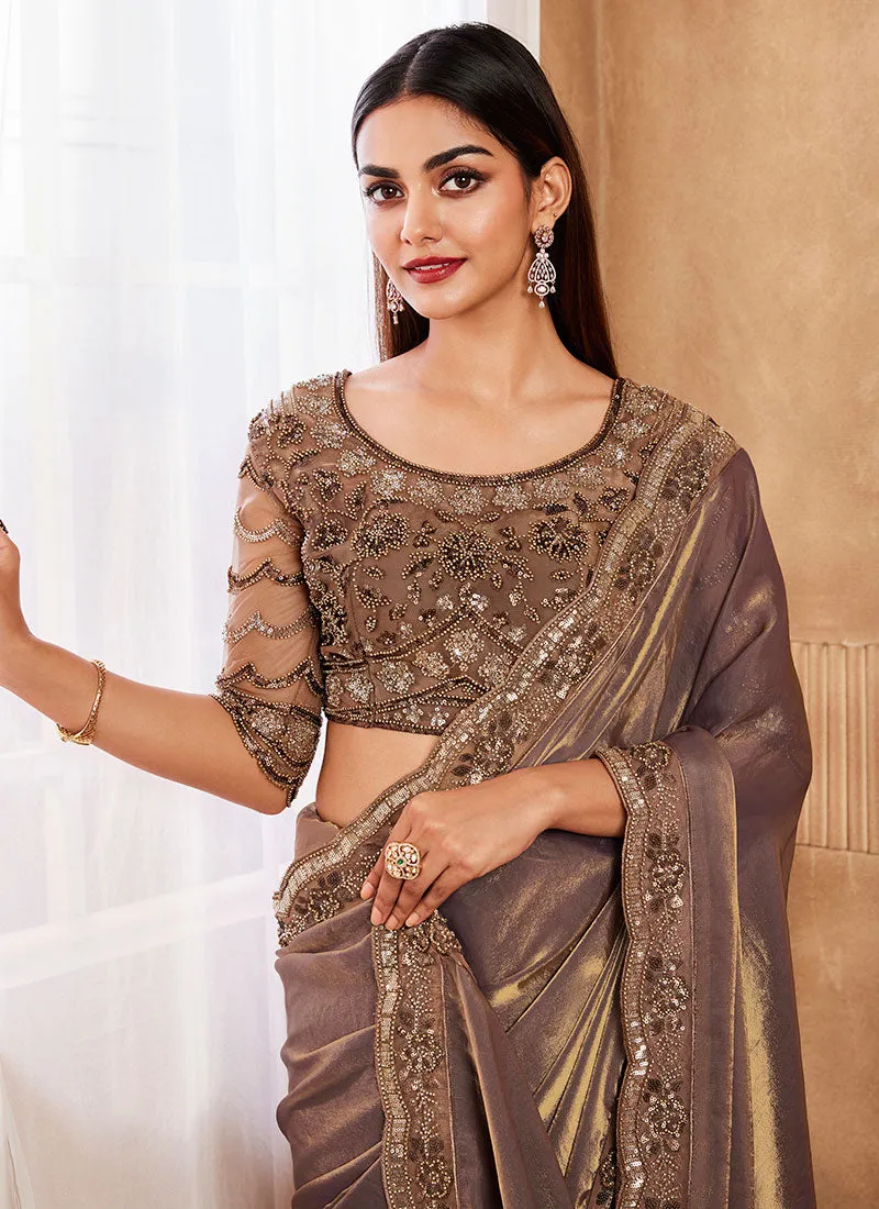 Brown Two Tone Sequence Wedding Silk Saree