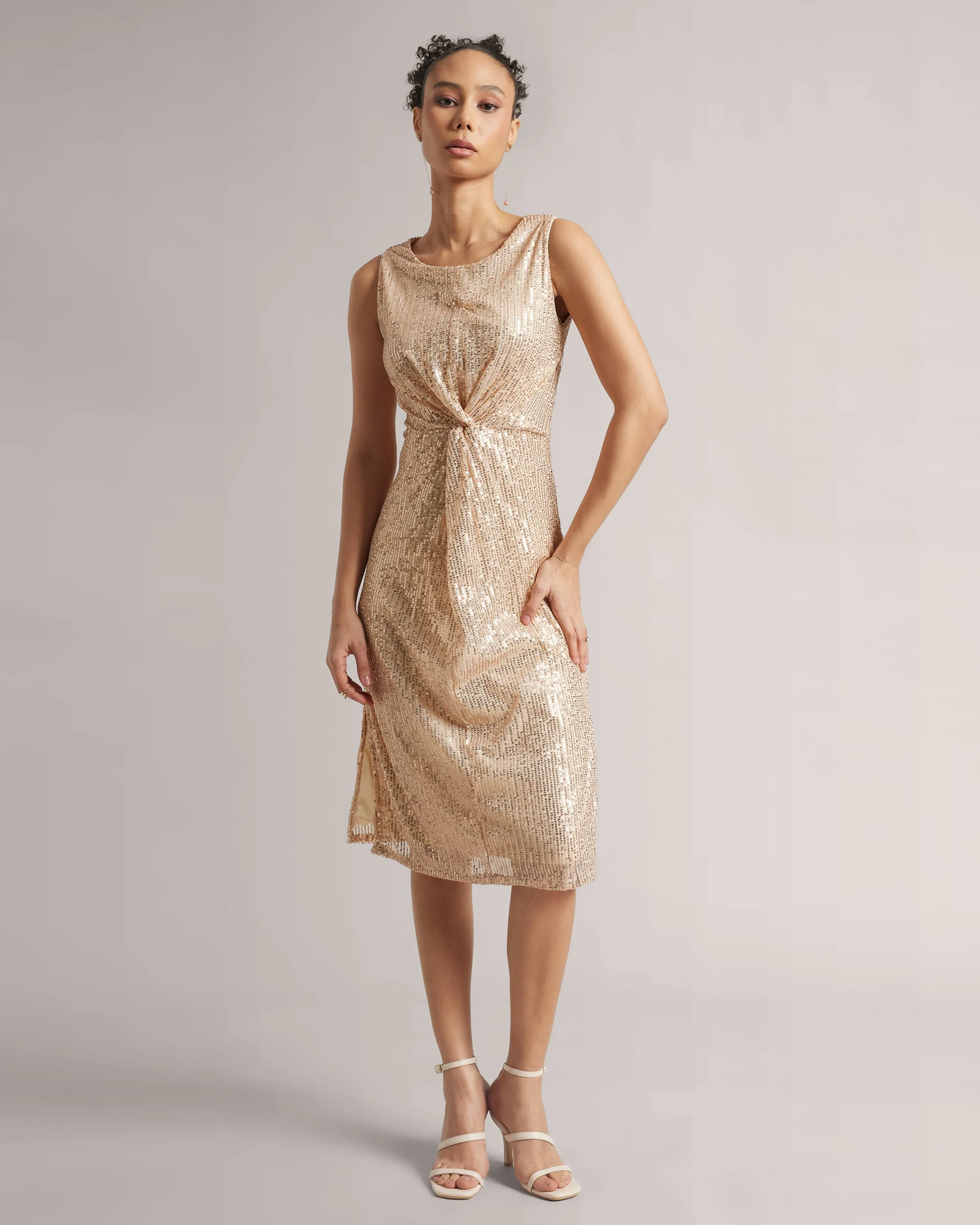 Champagne Beige Front Knot Sequin Midi Dress With Side Slits