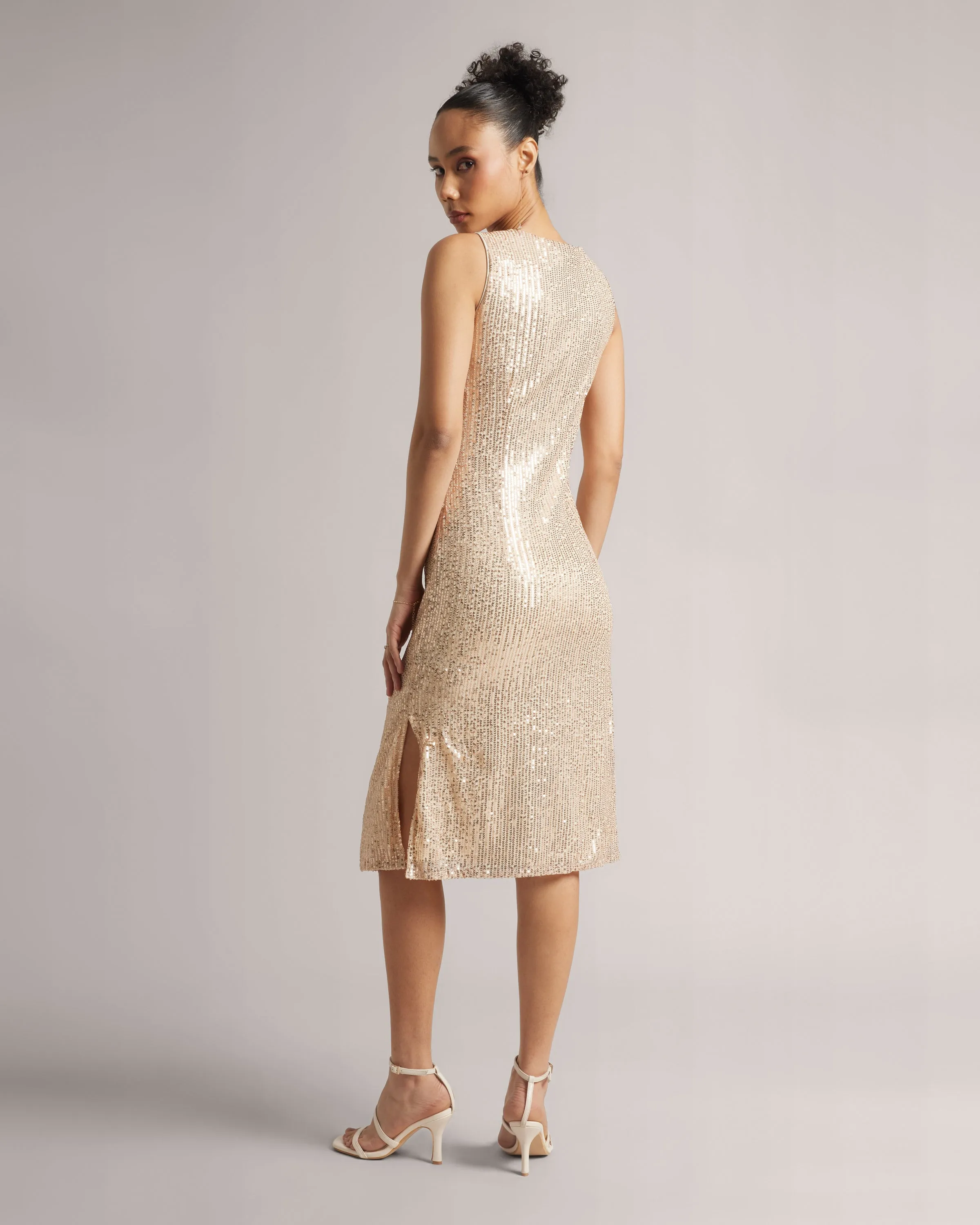 Champagne Beige Front Knot Sequin Midi Dress With Side Slits