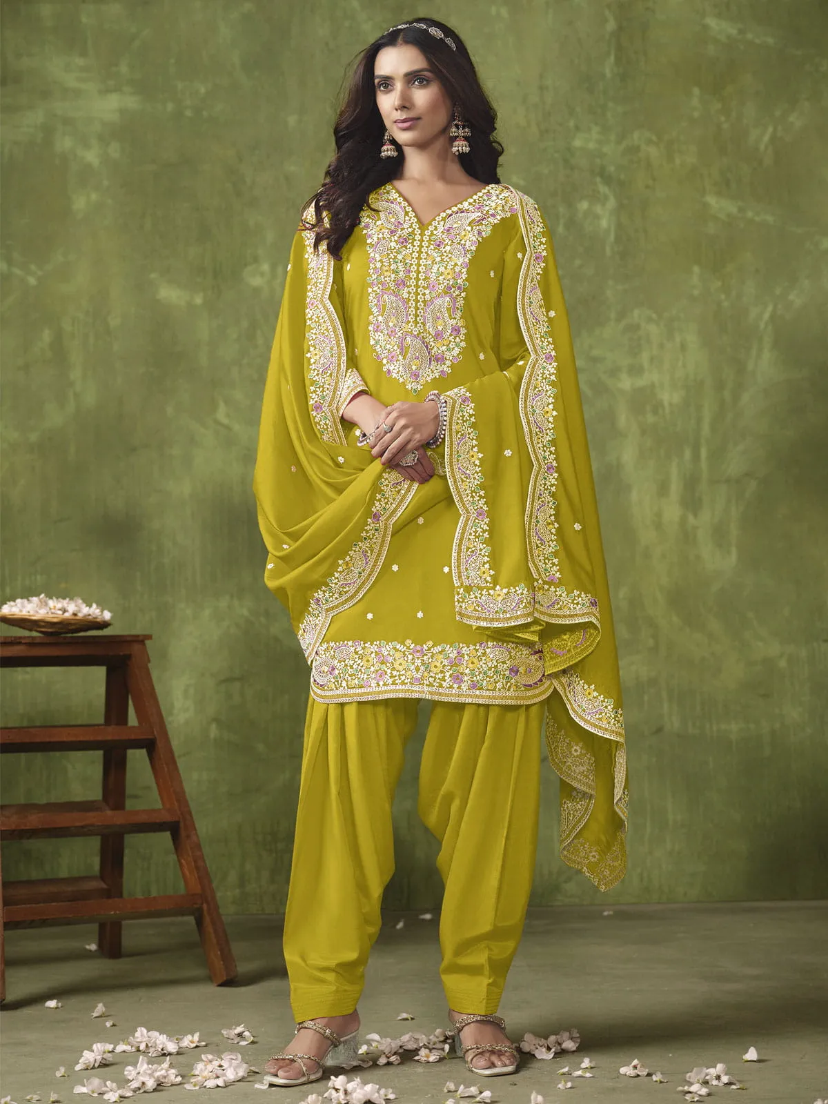 Classy Yellow Multi Embroidered Punjabi Suit