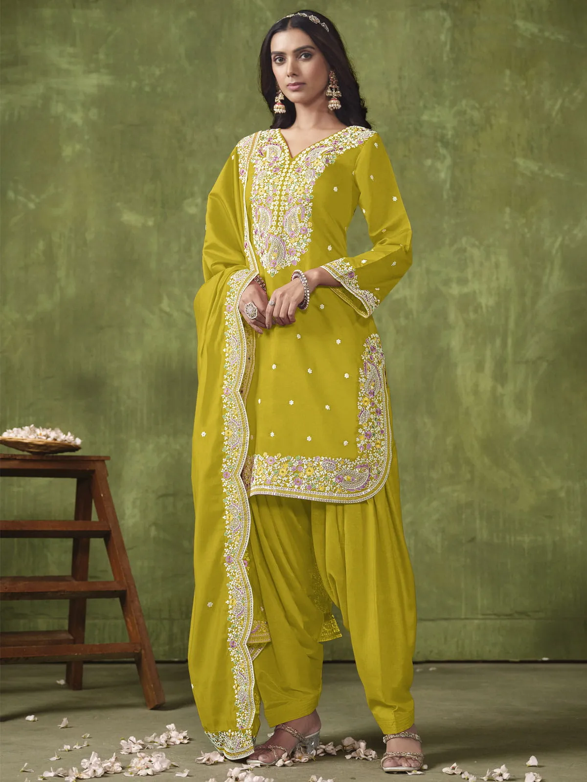 Classy Yellow Multi Embroidered Punjabi Suit