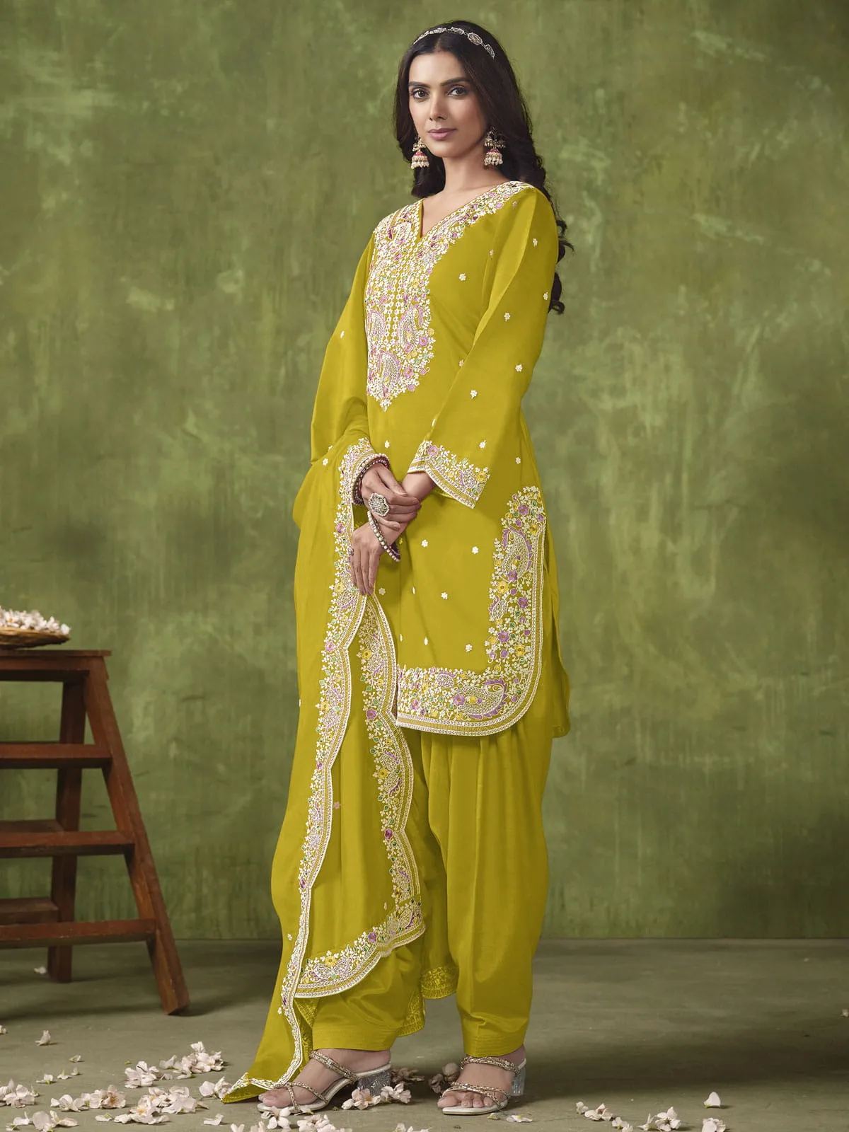 Classy Yellow Multi Embroidered Punjabi Suit