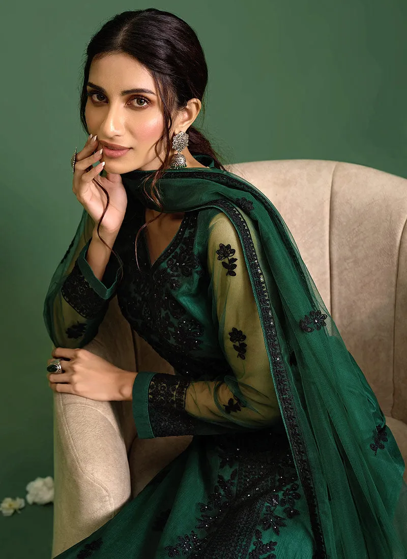 Green And Black Sequence Embroidered Pakistani Pant Suit