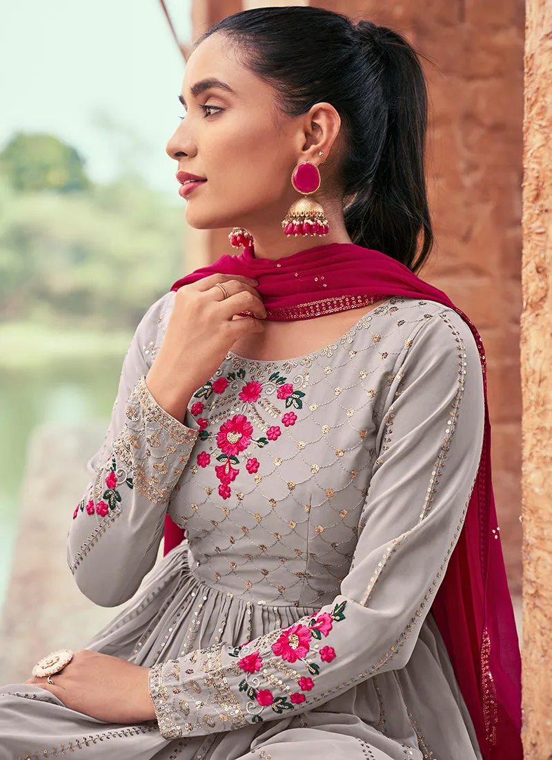 Grey Sequence And Thread Embroidery Anarkali Palazzo Suit