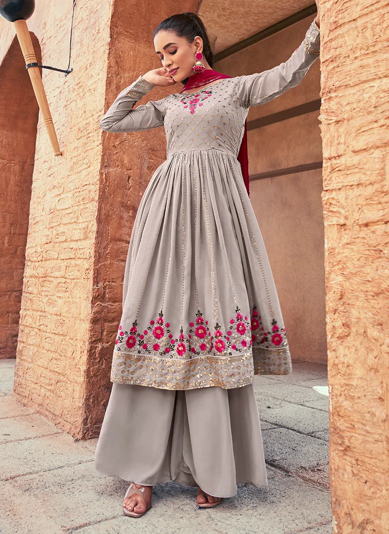 Grey Sequence And Thread Embroidery Anarkali Palazzo Suit