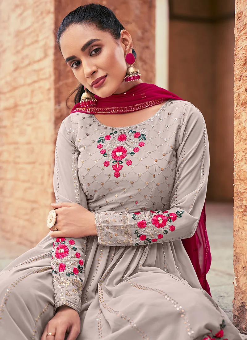 Grey Sequence And Thread Embroidery Anarkali Palazzo Suit