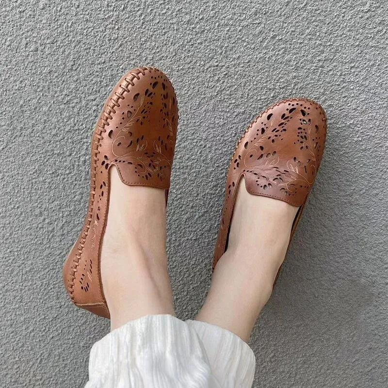 Handmade Cut Out Leather Loafers For Women In Beige/Brown