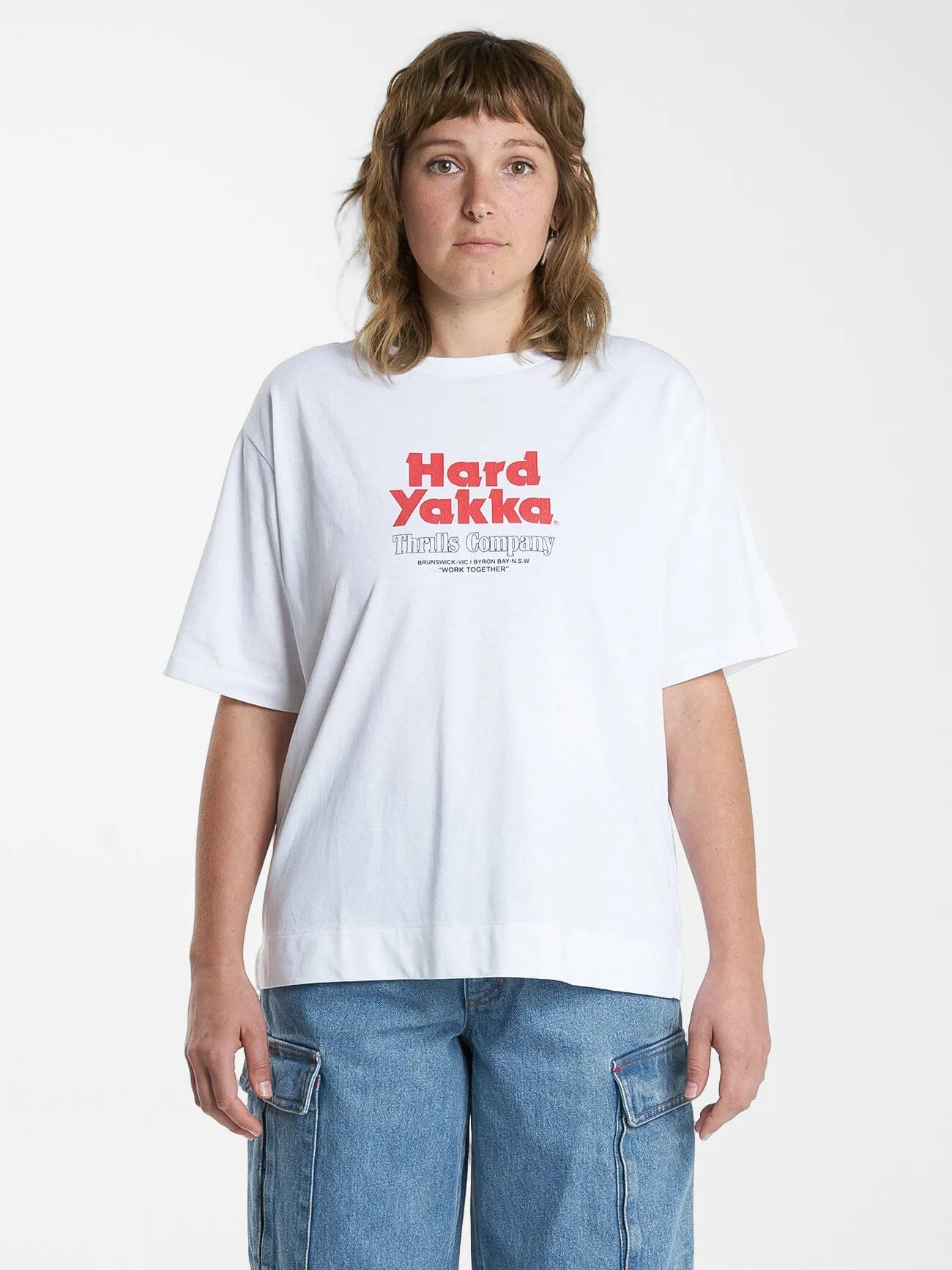 Hard Yakka X Thrills Stacked Box Fit Tee - White