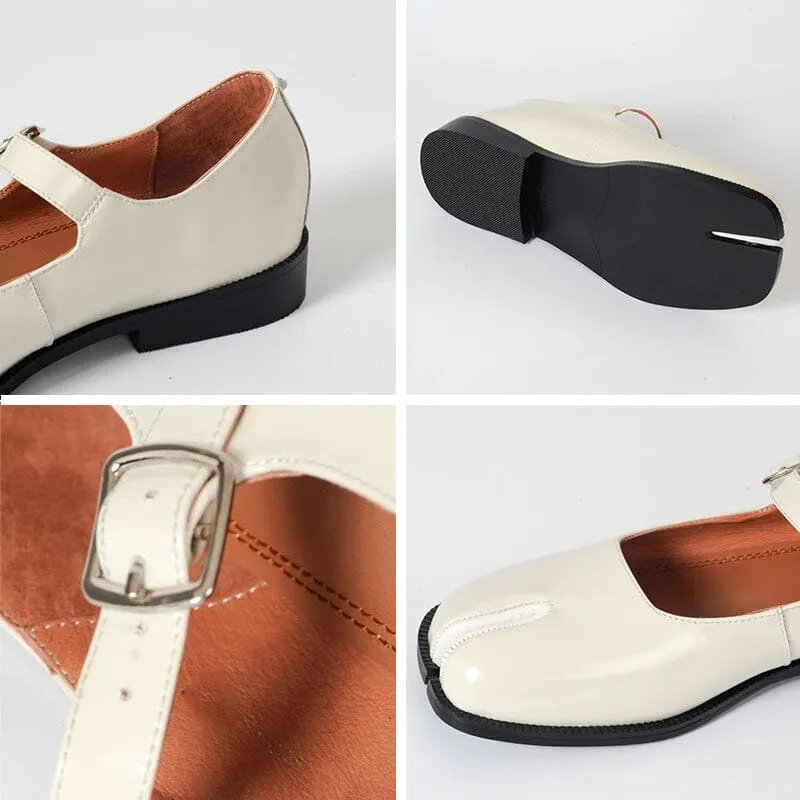 Leather Split Toe Mary Jane Low Block Heel in White/Black