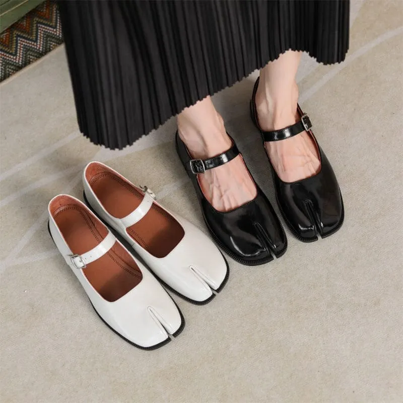 Leather Split Toe Mary Jane Low Block Heel in White/Black