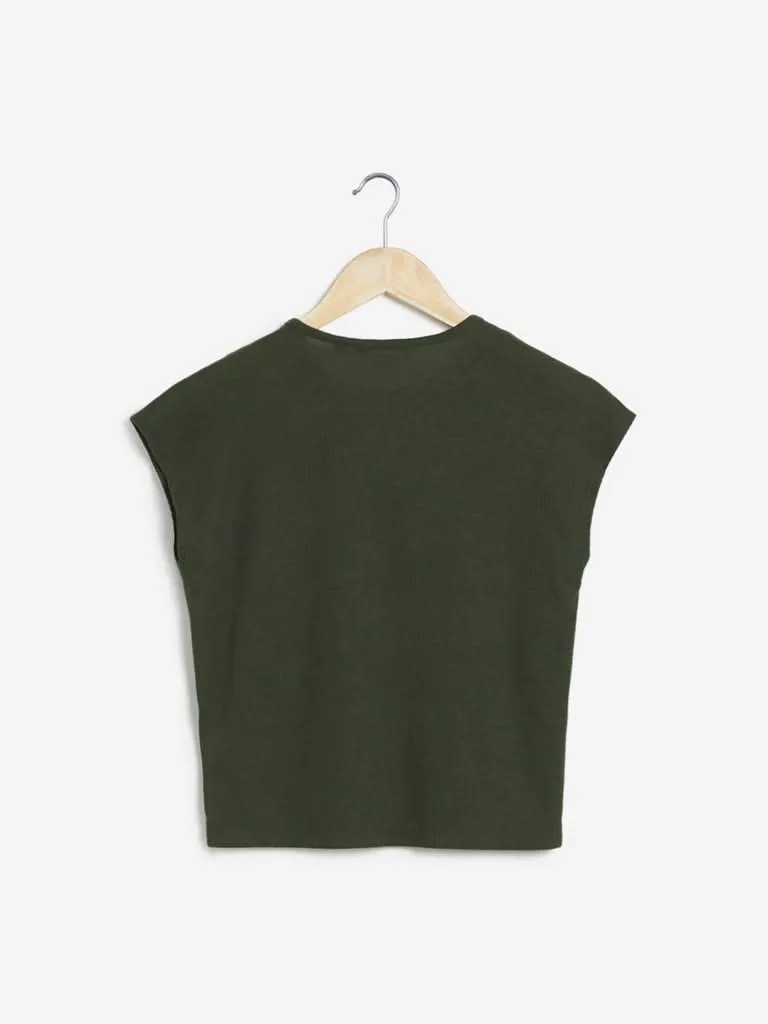 Nuon Khaki Cut-Out Pattern Ribbed Crop-Top