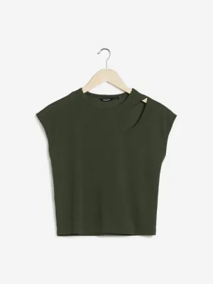 Nuon Khaki Cut-Out Pattern Ribbed Crop-Top