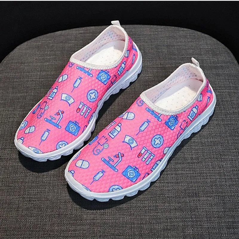 Nurse Doctor Print Women Sneakers Slip on Light Mesh Casual Shoes Summer Breathable Flats