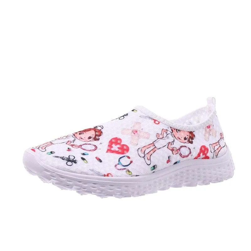 Nurse Doctor Print Women Sneakers Slip on Light Mesh Casual Shoes Summer Breathable Flats