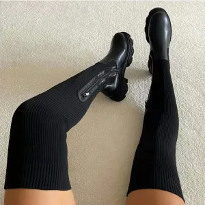 Owlkay Thick Soled Knitted Knee High Women's Boots