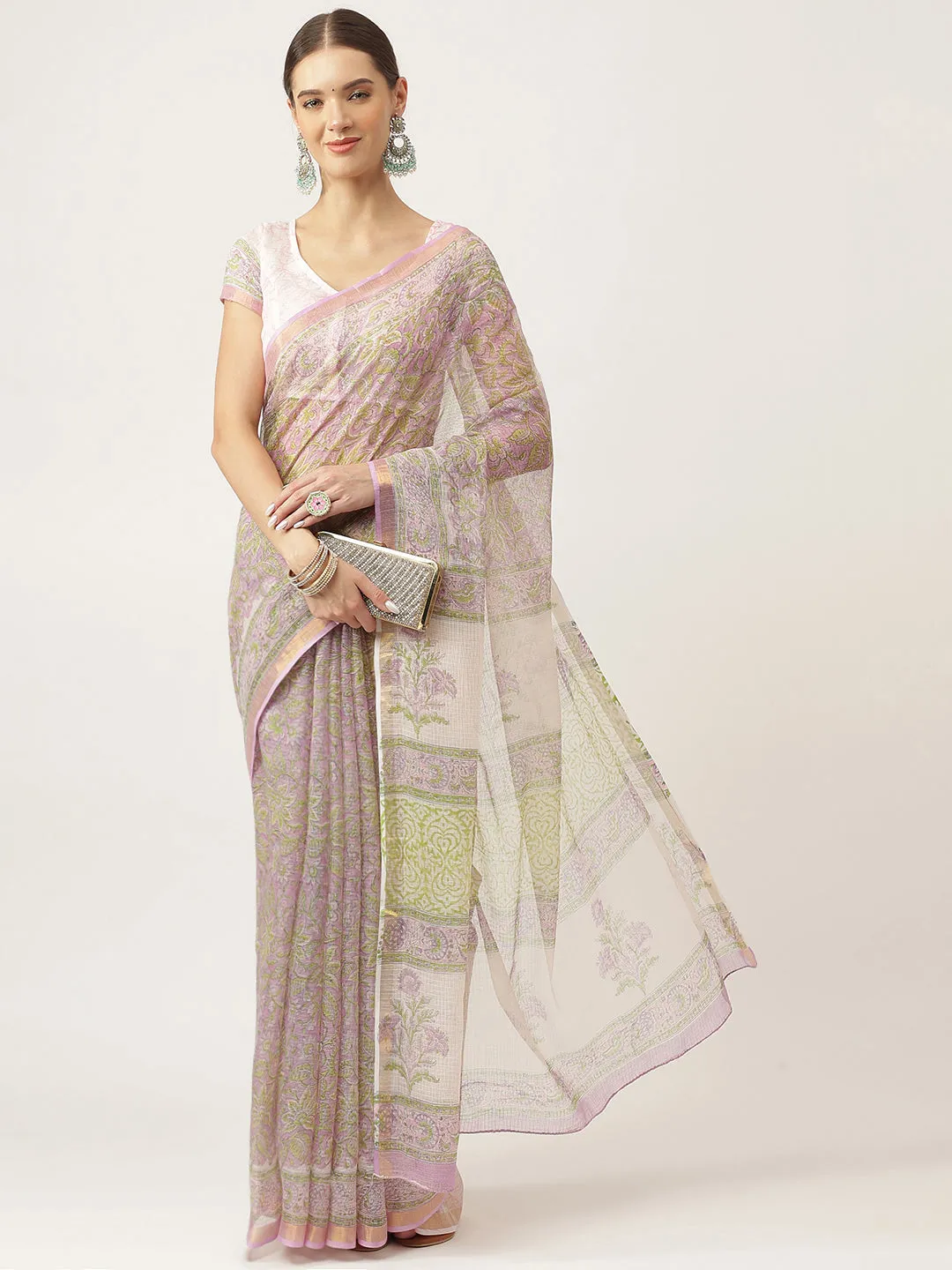 Purple Hand Block Kota Doria Saree