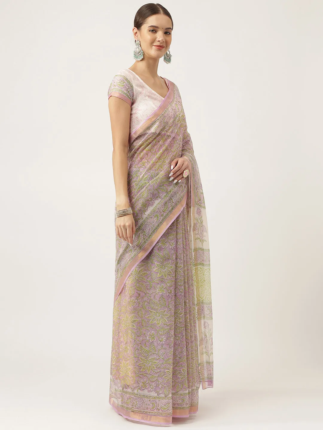 Purple Hand Block Kota Doria Saree