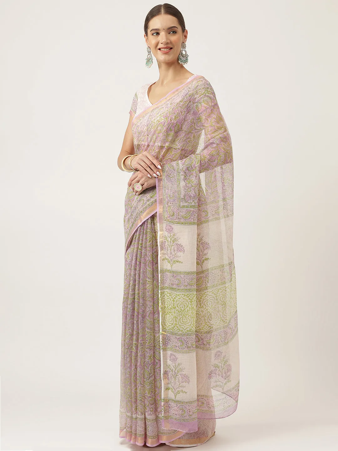 Purple Hand Block Kota Doria Saree