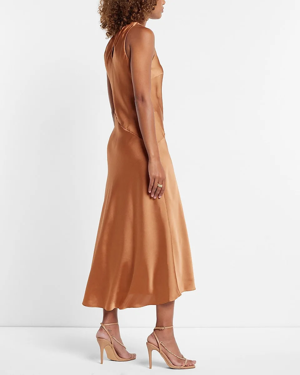 Satin High Neck Slip Midi Dress in Butterscotch