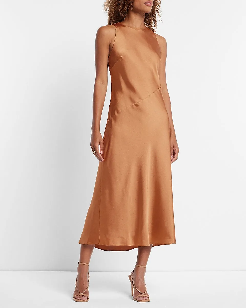 Satin High Neck Slip Midi Dress in Butterscotch