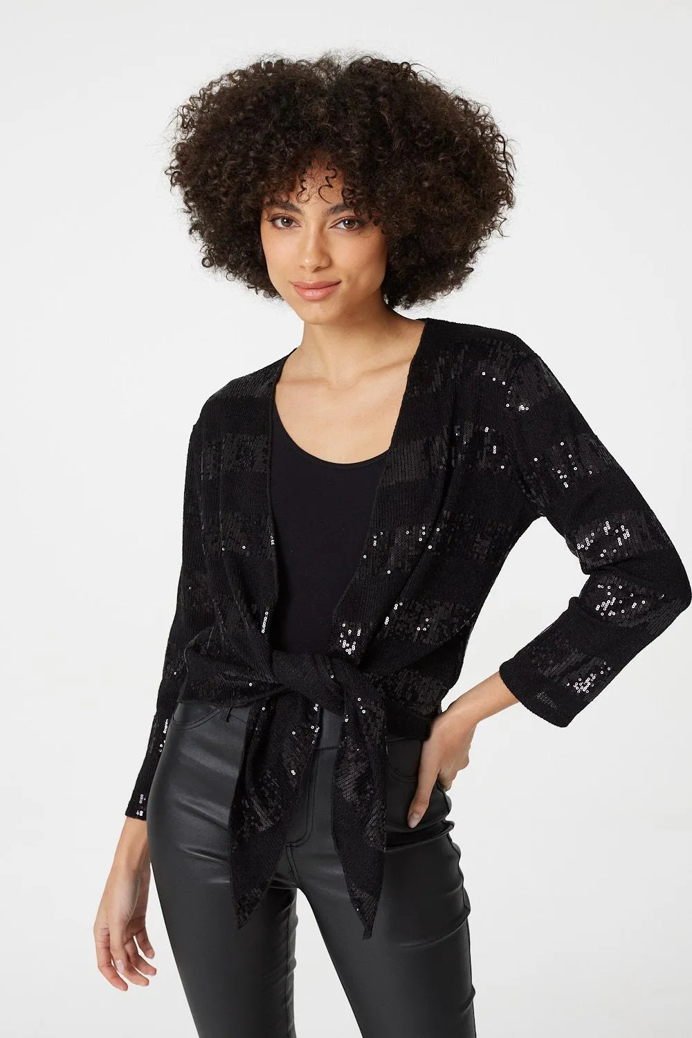 Sequin Tie Front Knit Cardigan