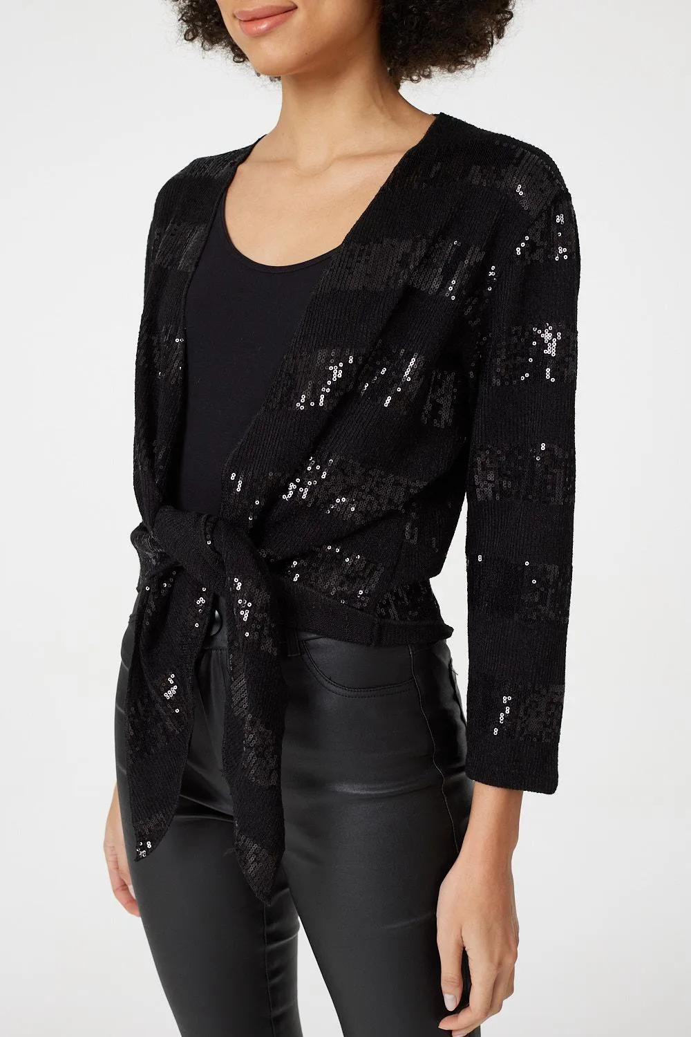 Sequin Tie Front Knit Cardigan