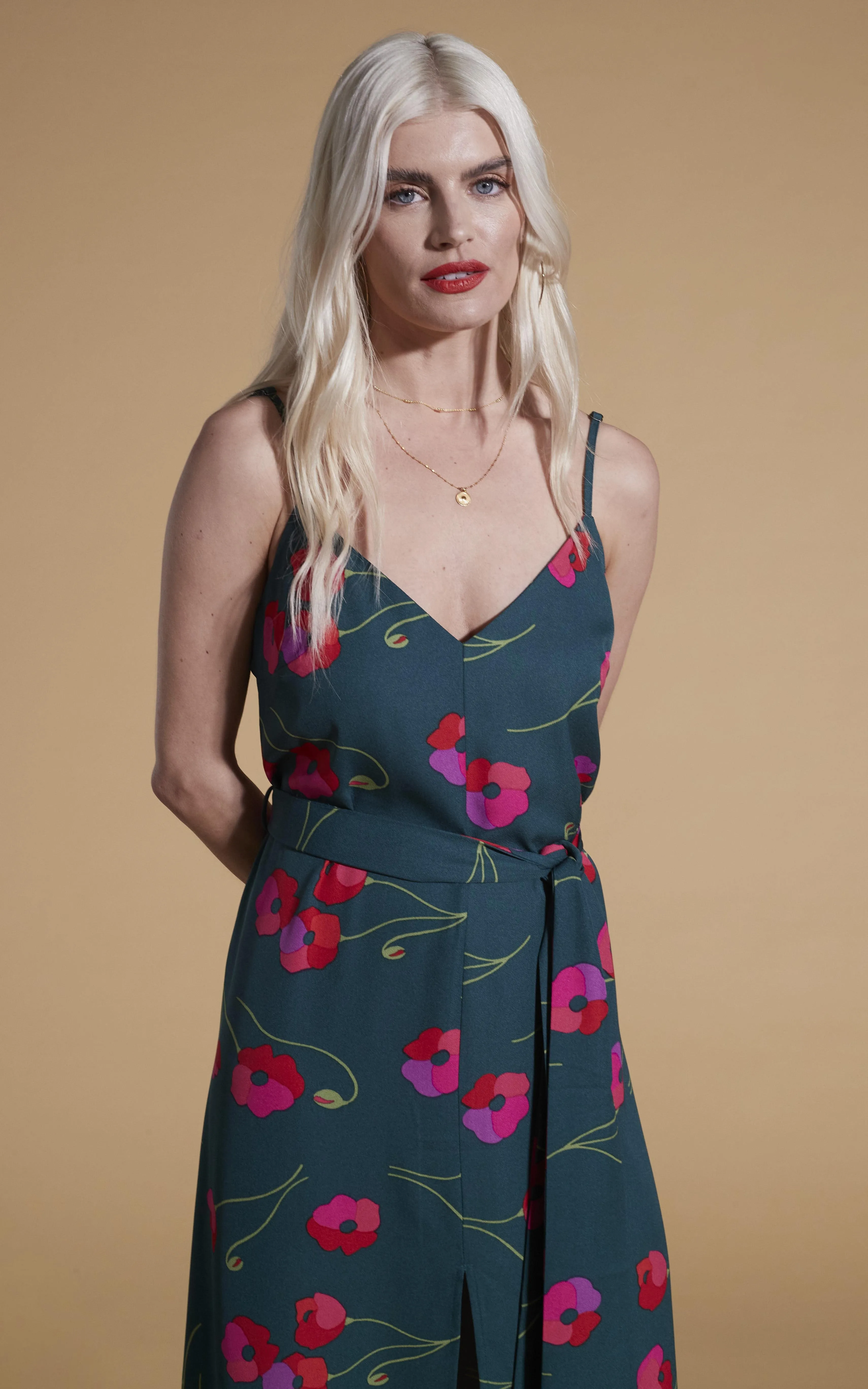 Sookie Dress In Poppies On Dark Green