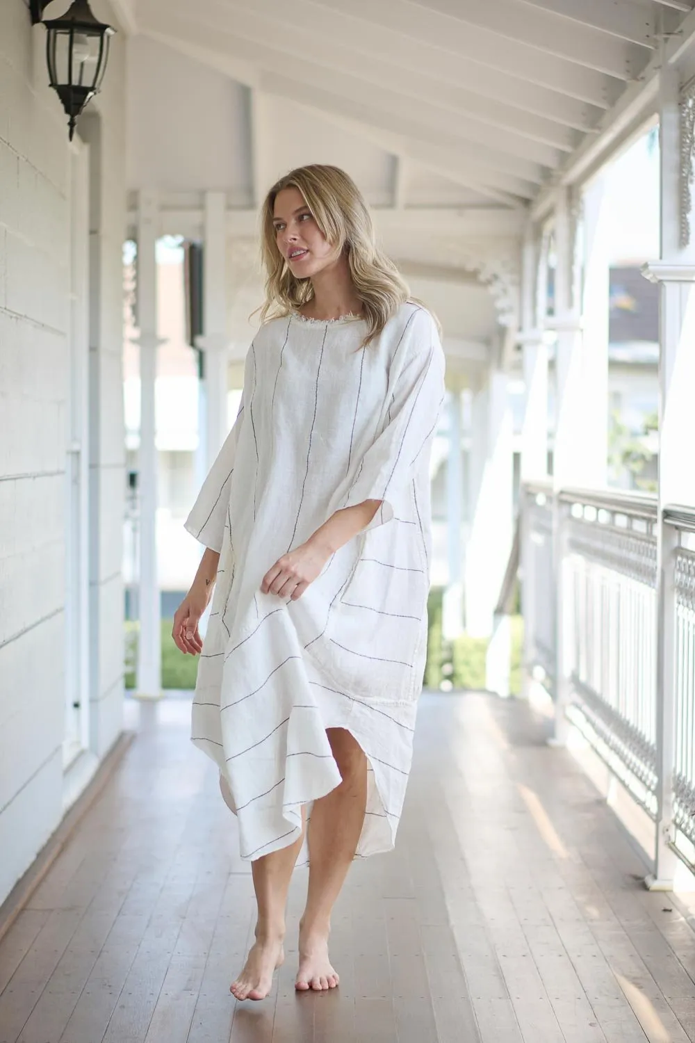 The Carter Malle Linen Dress - Off White w/ Charcoal Fine Stripe