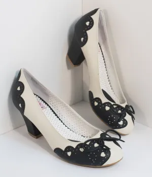 Vintage Style Black & Cream Cutout Leatherette Wiggle Pumps