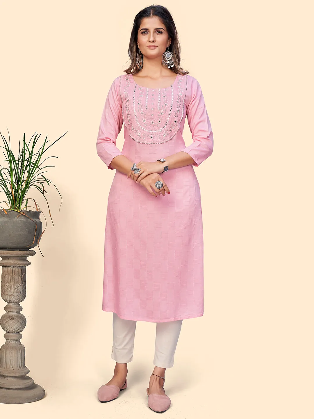 Women'S Embroidered & Mirror Straight Fancy Rayon Pink Stitched Kurta