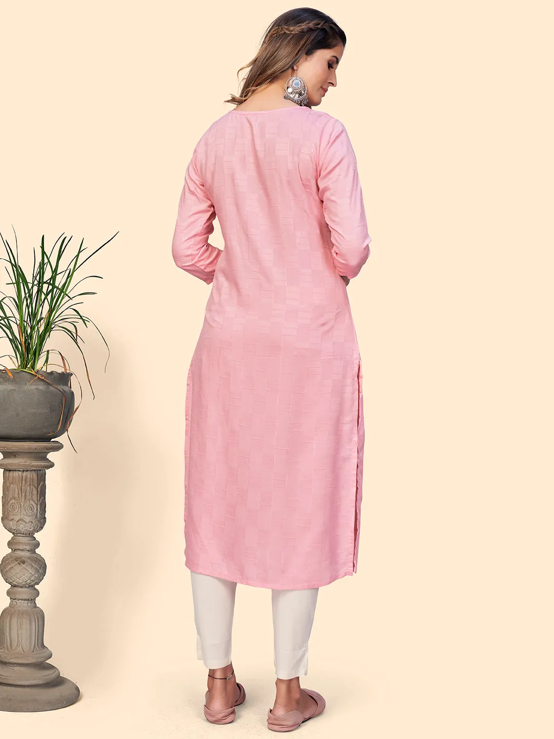 Women'S Embroidered & Mirror Straight Fancy Rayon Pink Stitched Kurta