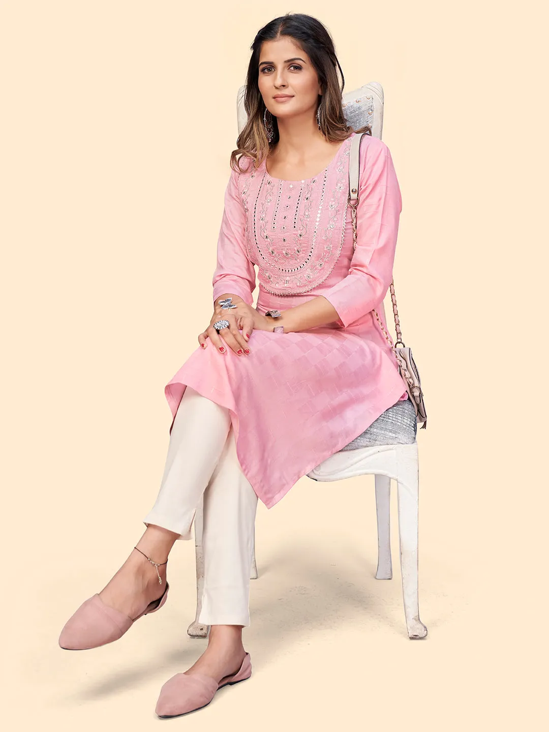 Women'S Embroidered & Mirror Straight Fancy Rayon Pink Stitched Kurta