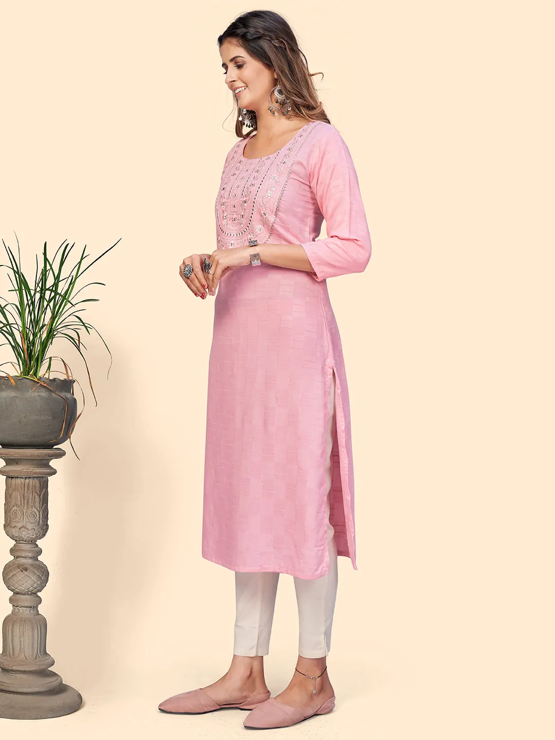 Women'S Embroidered & Mirror Straight Fancy Rayon Pink Stitched Kurta