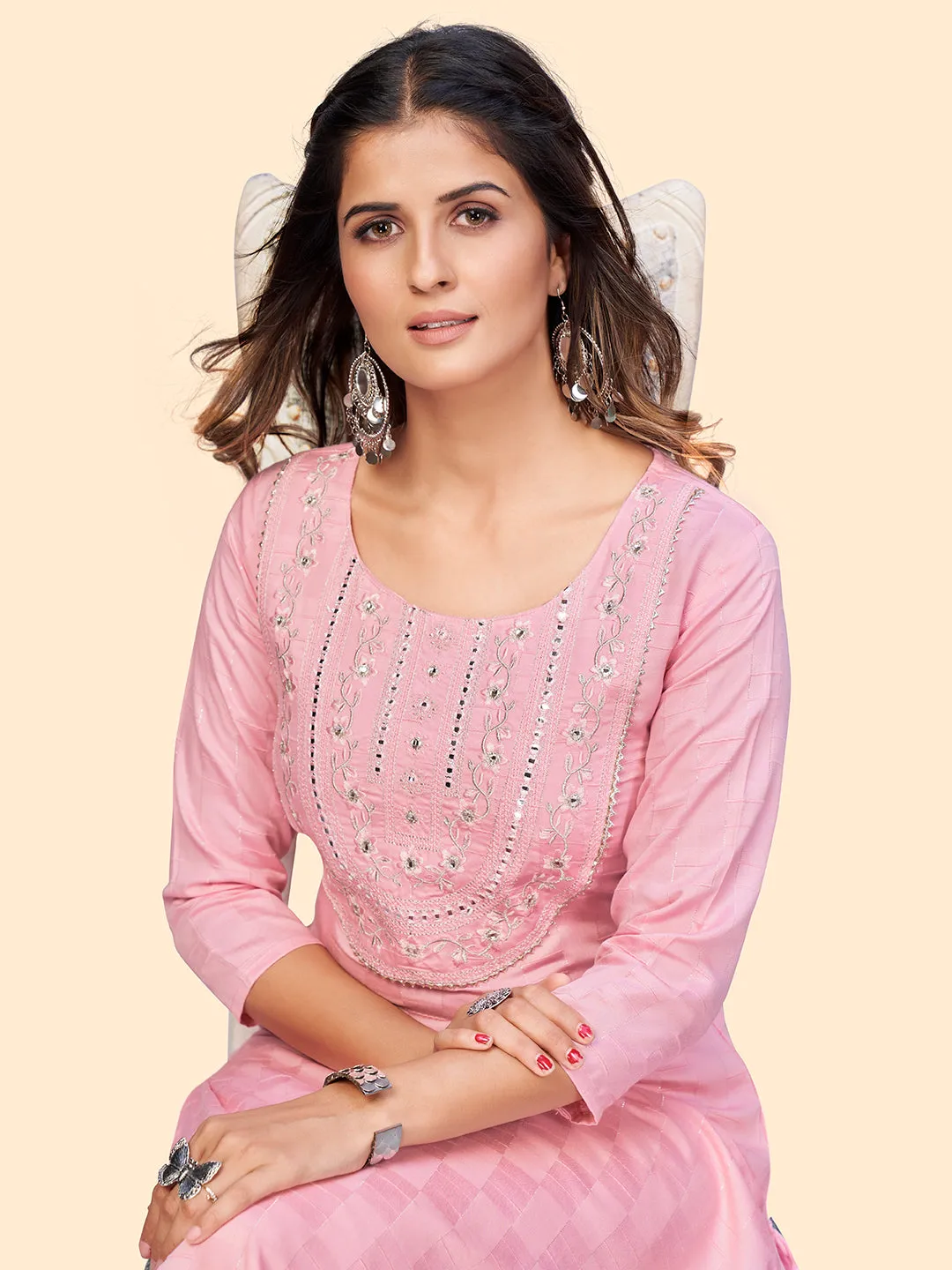 Women'S Embroidered & Mirror Straight Fancy Rayon Pink Stitched Kurta