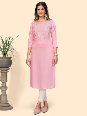 Women'S Embroidered & Mirror Straight Fancy Rayon Pink Stitched Kurta