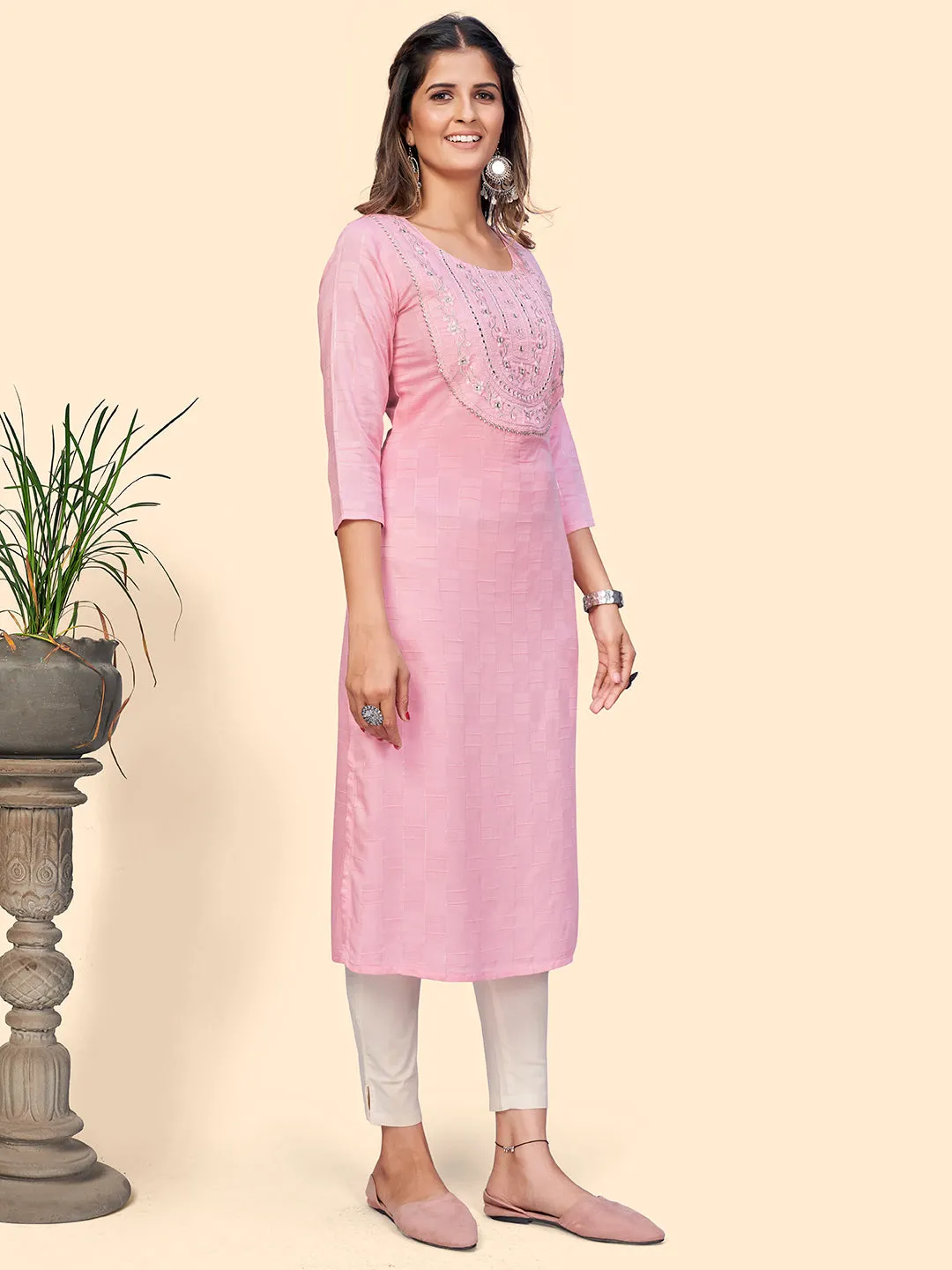 Women'S Embroidered & Mirror Straight Fancy Rayon Pink Stitched Kurta